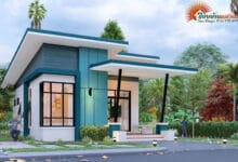 แบบบ้านสไตล์โมเดิร์นหน้าแคบ  2 ห้องนอน 2 ห้องน้ำ โทนสีฟ้าสบายตา