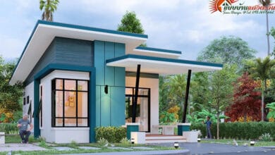 แบบบ้านสไตล์โมเดิร์นหน้าแคบ  2 ห้องนอน 2 ห้องน้ำ โทนสีฟ้าสบายตา