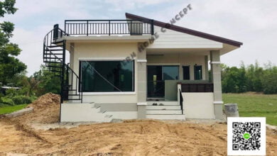 บ้านสไตล์โมเดิร์น ชั้นเดียวโทนสีครีม มีดาดฟ้าไว้พักผ่อน