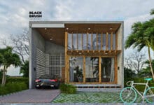 แบบบ้านสองชั้น สไตล์โมเดิร์น โชว์ปูนผสมไม้  พื้นที่ใช้สอย 68 ตร.ม.