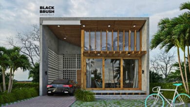 แบบบ้านสองชั้น สไตล์โมเดิร์น โชว์ปูนผสมไม้  พื้นที่ใช้สอย 68 ตร.ม.