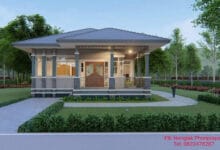 แบบบ้านชั้นเดียวหลังคาทรงปั้นหยา 2 ห้องนอน 1 ห้องน้ำ พร้อมเฉลียงหน้าบ้าน