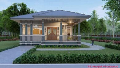 แบบบ้านชั้นเดียวหลังคาทรงปั้นหยา 2 ห้องนอน 1 ห้องน้ำ พร้อมเฉลียงหน้าบ้าน