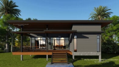 แบบบ้านชั้นเดียว สไตล์ทรอปิ ให้กลิ่นอายแบบบ้านสวน 2 ห้องนอน 2 ห้องน้ำ มีระเบียงบ้าน