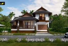 แบบบ้านชั้นครึ่งทรงไทยประยุกต์ขนาดเล็ก 2 ห้องนอน 2 ห้องน้ำ