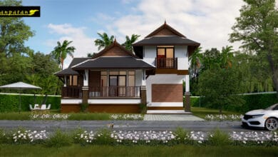 แบบบ้านชั้นครึ่งทรงไทยประยุกต์ขนาดเล็ก 2 ห้องนอน 2 ห้องน้ำ