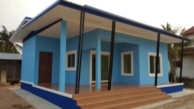 บ้านโมเดิร์นชั้นเดียว ยกพื้นสูงสีฟ้าสดใส 4 แสนกว่า