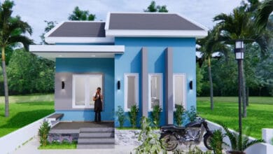 แบบแปลนบ้าน 6 × 8 หลังคาจั่ว โทนสีฟ้าสดใส