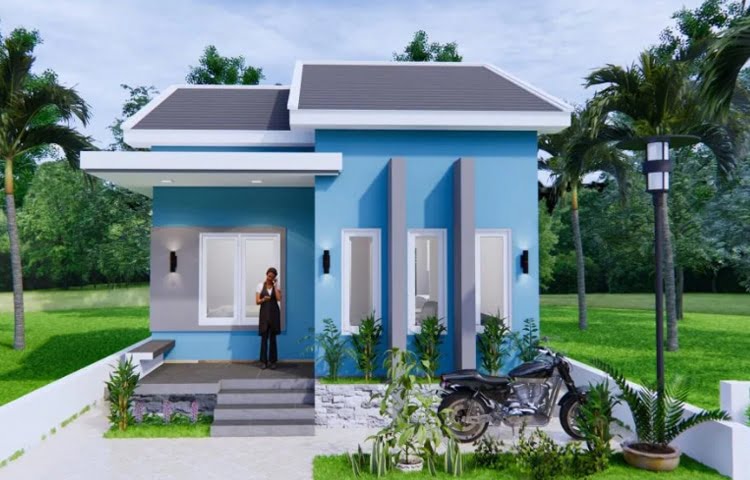 แบบแปลนบ้าน 6 × 8 หลังคาจั่ว โทนสีฟ้าสดใส