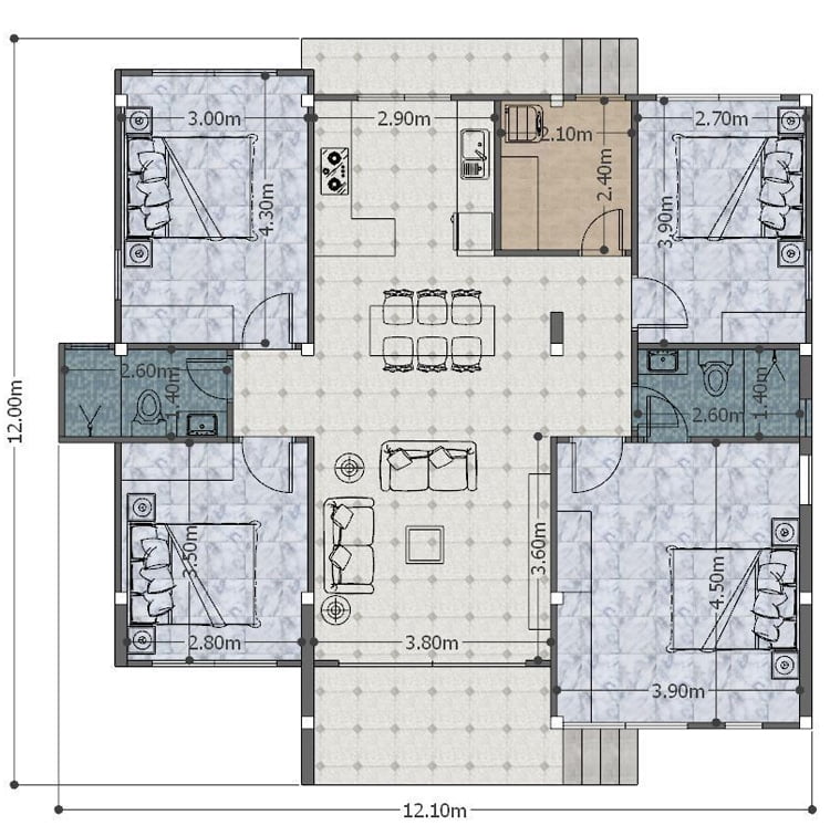แบบบ้านสไตล์โมเดิร์น 12 × 12 เมตร 4 ห้องนอนหลังคาหน้าจั่ว