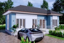 แบบบ้านสไตล์คอนเทมโพรารี สีฟ้า หลังคาทรงปั้นหยา 3 ห้องนอน 2 ห้องน้ำ 66 ตร.ม.