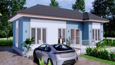 แบบบ้านสไตล์คอนเทมโพรารี สีฟ้า หลังคาทรงปั้นหยา 3 ห้องนอน 2 ห้องน้ำ 66 ตร.ม.