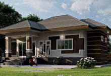 แบบบ้านร่วมสมัยหลังคาทรงปั้นหยา 3 ห้องนอน 4 ห้องน้ำ โทนสีน้ำตาล พื้นที่ 127 ตร.ม.