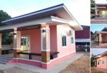 บ้านทรงโมเดิร์นหลังเล็ก ตกแต่งโทนสีชมพูสวยงาม